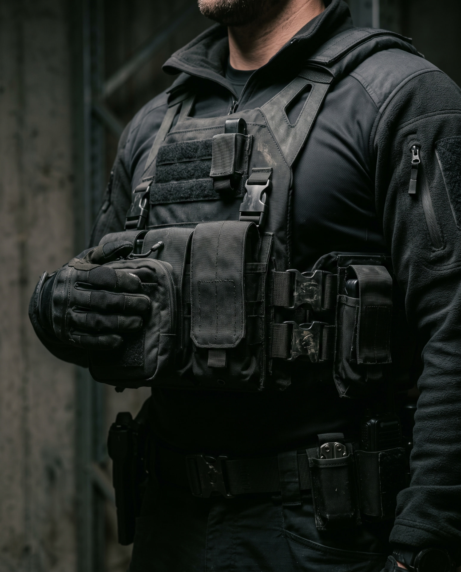 Detalhe de equipamento tático preto estilo PMC