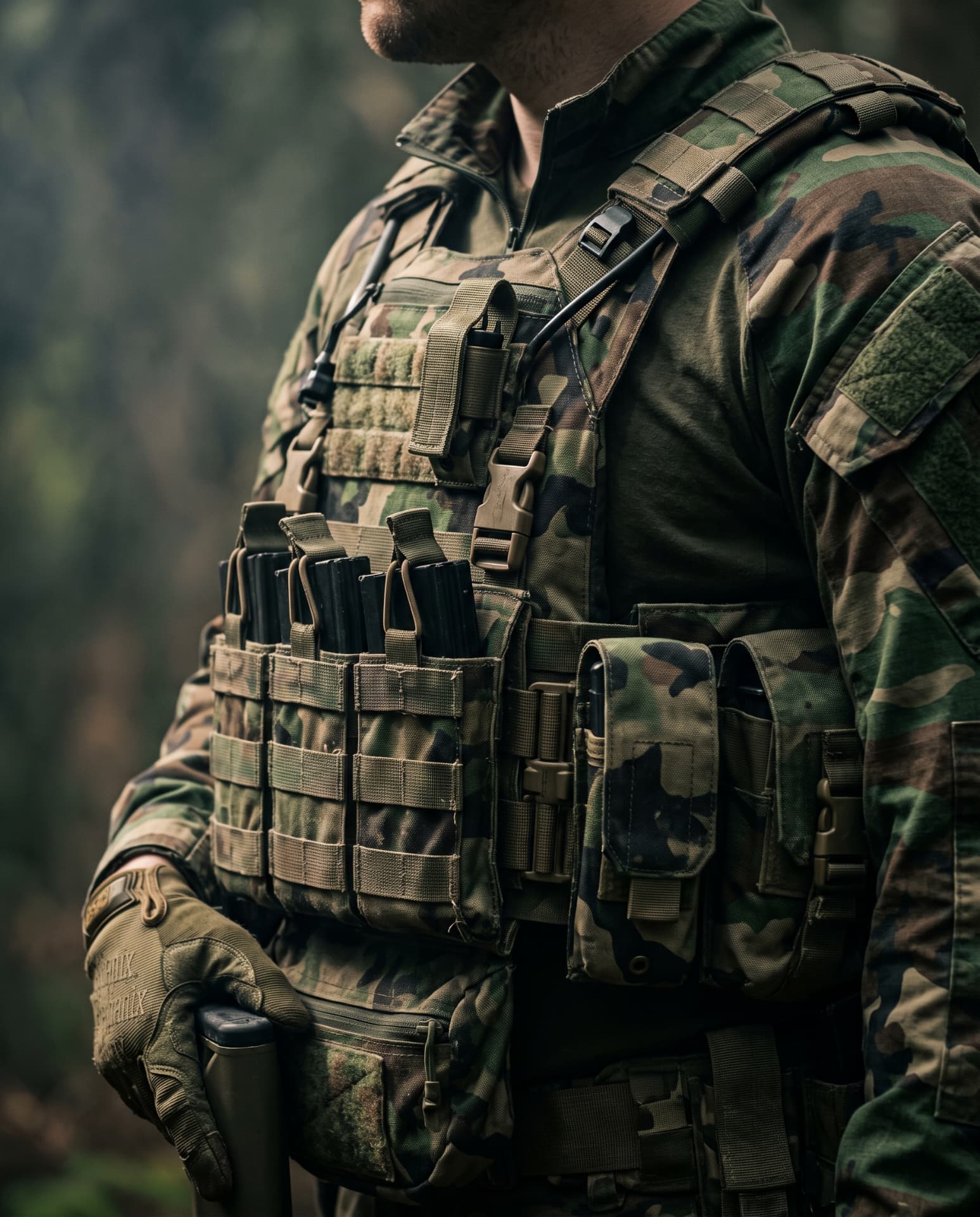 Detalhe de fardamento camuflado com colete tático